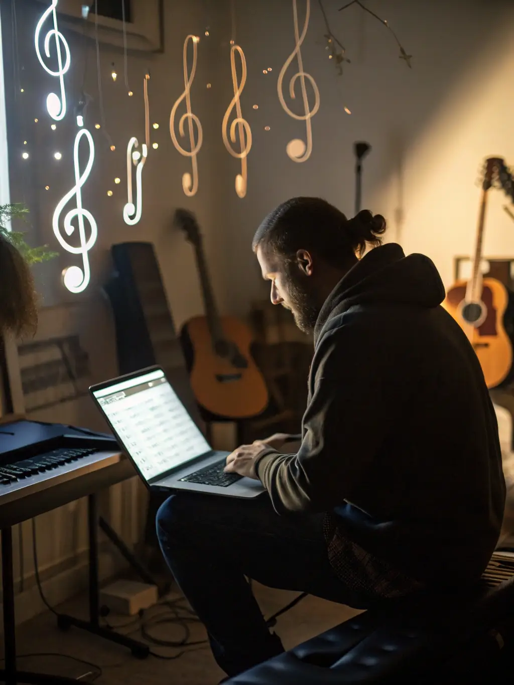 A musician composing music on a computer, with a guitar nearby, illustrating Rube Monave's proficiency in music composition.