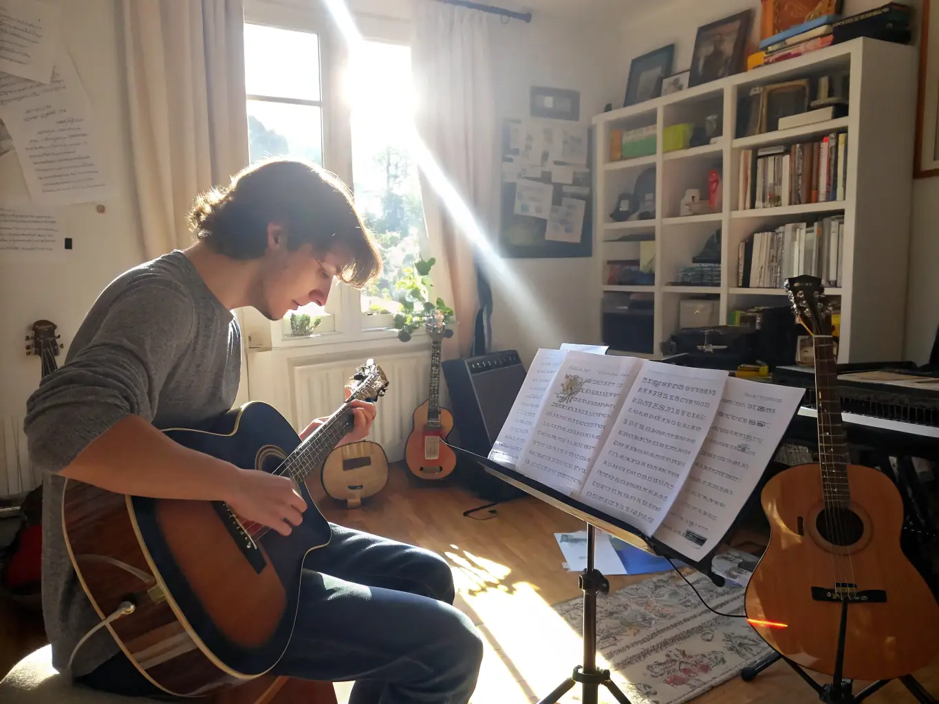 An intermediate guitar student practicing scales and arpeggios with Rube Monave, focusing on finger dexterity and musical expression in a comfortable setting.