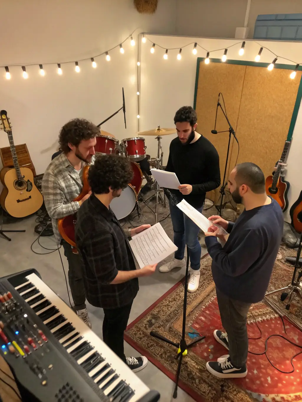 A musician collaborating with other musicians in a rehearsal space, highlighting Rube Monave's collaborative spirit.