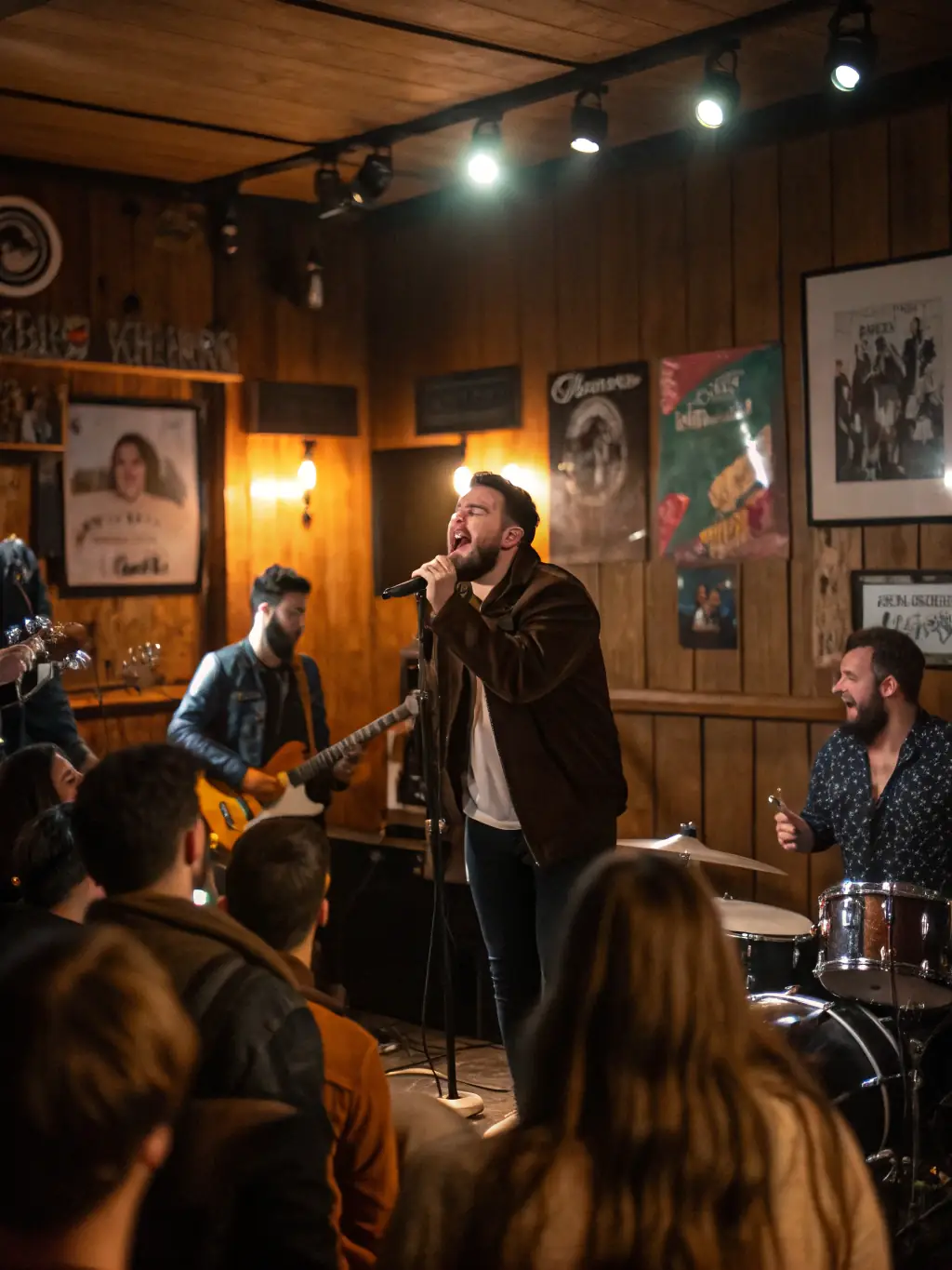 A live band performing on stage, with a guitarist prominently featured, representing Rube Monave's experience in live performances.