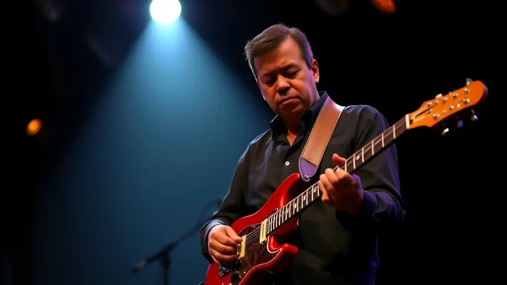 Rube Monave playing a jazz guitar solo on stage with a spotlight shining on him.